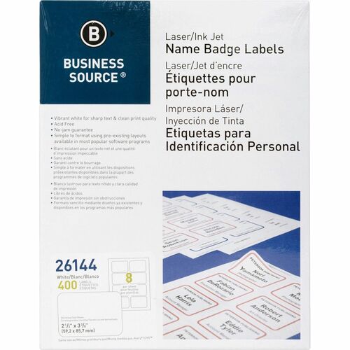 Business Source Name Badge Labels, 2-1/3"x3-3/8", 400/PK, Plain White