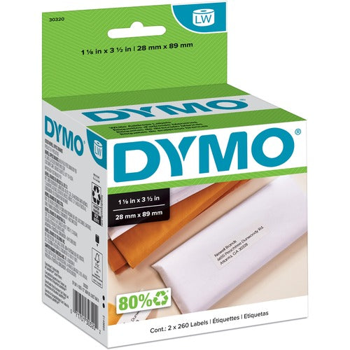 Dymo Address Labels, 1-1/8"x3-1/2", 260 Labels/RL, 2/BX, White-DYM30320
