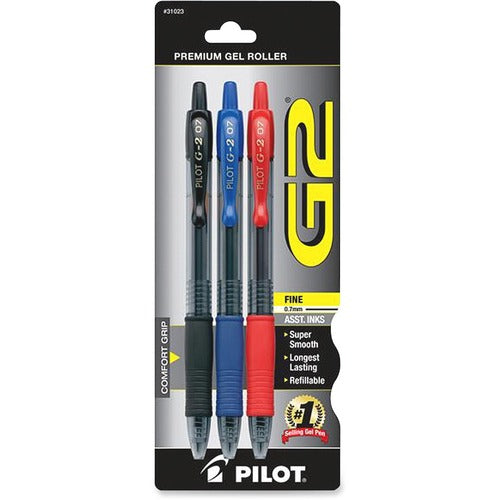 Pilot Gel Ink Pen, Retract, fine Pt, 3/PK, Ast Barrel/Ast Ink