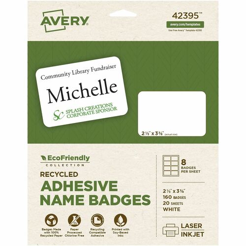 Avery Labels, Name Badges, 2-1/3"x3-3/8", 160/PK, White