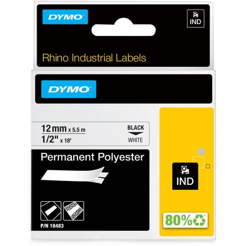 Dymo Label, Industrial, Perm Poly, 1/2"x18', White-DYM18483