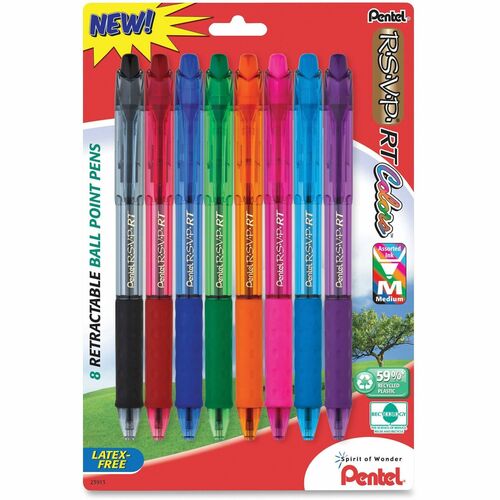 Pentel Ballpoint Pen,Retractable,Refillable,Medium Pt.,8/PK,AST