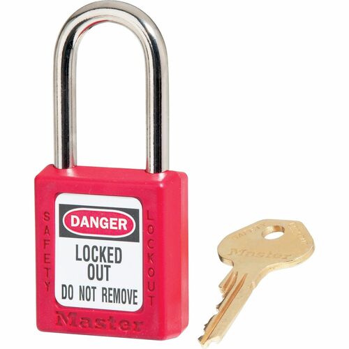 Master Lock Company Safety Padlock, Labeled, 1/4"Dx1-1/2"H Shackle, Red