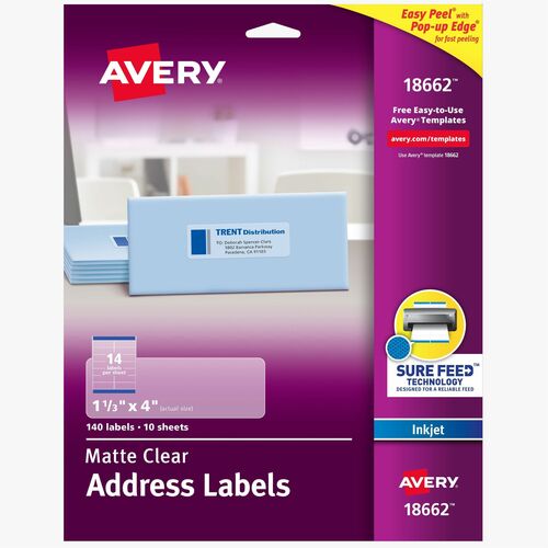 Avery Inkjet Mailing Labels, 1-1/3"x4", 140/PK, Clear