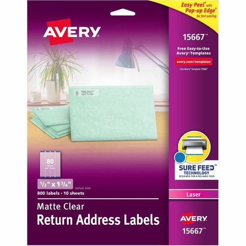 Avery Laser Labels, Mailing, 1/2"x1-3/4, 800/PK, Clear