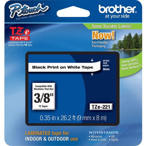 Brother Label Tape,Laminated,f/P-touch,0.35"x26.2',BlackonWhite