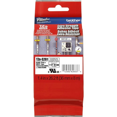 Brother Label Tape,Xtra-Strength,f/P-touch,1.4"x26.2',BlackonWhite