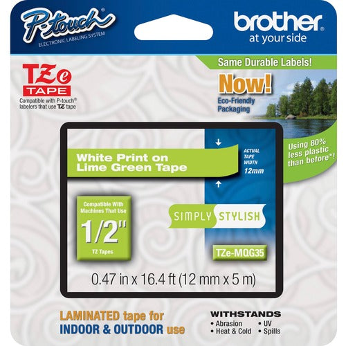 Brother Label Tape,Laminated,f/P-touch,0.47"x16.4',WhiteonLimeGreen