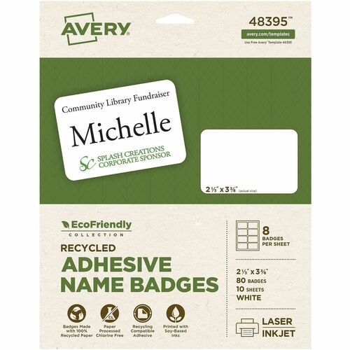 Avery Labels, Name Badges, 2-1/3"x3-3/8", 80/PK, White