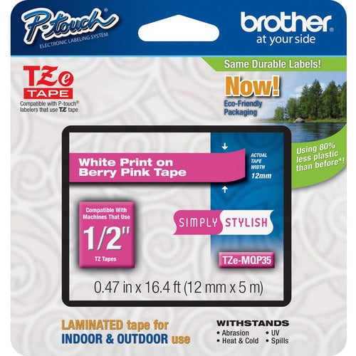 Brother Label Tape,Laminated,f/P-touch,0.47"x26.2',WhiteonBerry Pink