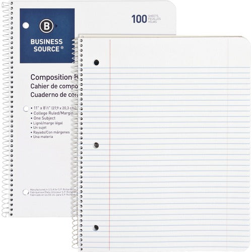 Business Source Wirebound Notebooks,3-Hole,Colg Rule,8-1/2"x11",100Shts,WE