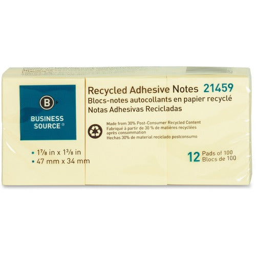 Business Source Adhesive Note Pads, Recycled 1-7/8" x 1-3/8", 12/PK, Yellow