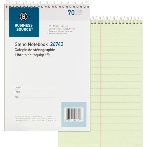 Business Source Steno Notebooks, Pitman Ruled, 6"x9", 70 Shts, Green