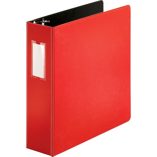 Business Source D-Ring Binder w/Label Holder, Hvy-Dty, 3", Red