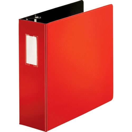 Business Source D-Ring Binder w/Label Holder, Hvy-Dty, 4", Red