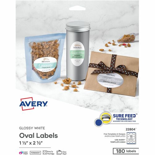 Avery Labels, Oval, 2-1/2"x1-1/2", 180/PK, Glossy White