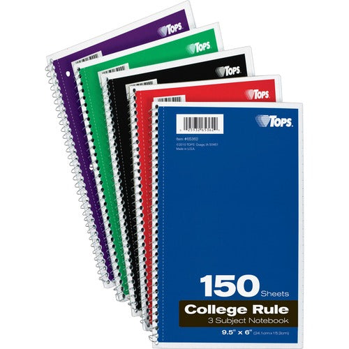 Tops 3-Subject Notebooks, Collg Ruled, 9-1/2"x6", 150 Shts, Ast