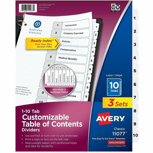 Avery Index Dividers,1-10 Tab, 8-1/2"x11", 3ST/PK,12PK/CT,BK/WE