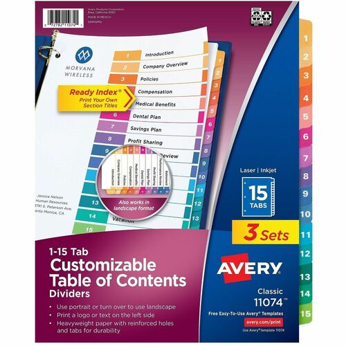 Avery ReadyIndexDividers,TOC,1-15 Tab,3HP,8-1/2"x11",3/PK,24PK/CT