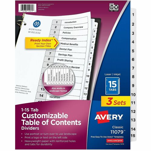Avery Index Dividers,1-15 Tab, 8-1/2"x11", 3ST/PK,8PK/CT,BK/WE