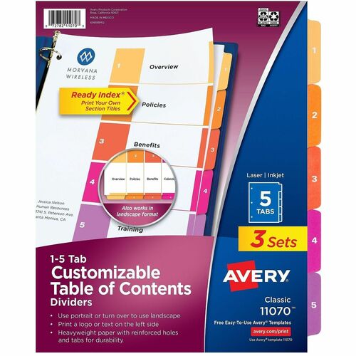 Avery Ready Index Dividers,TOC,5-Tab,3HP,8-1/2"x11",36/CT,MI