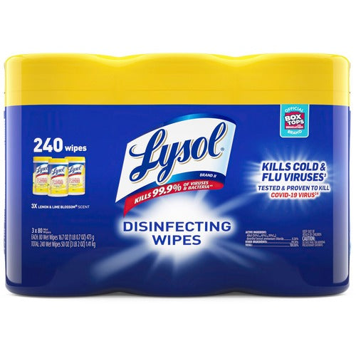 Reckitt Benckiser Lysol Disinfecting Wipes, Lemon, 80/Canister, 3Can/PK, WE