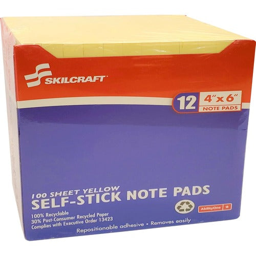 SKILCRAFT Self-Stick Note Pads, Plain, 100 Sht, 4"x6", YW