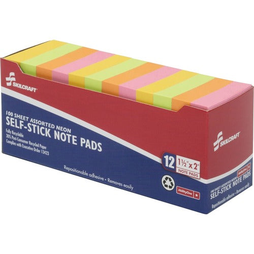 SKILCRAFT Self-Stick Note Pads,1-1/2"x2",100 Sheets,12 Pads,AST Neon
