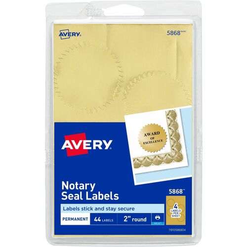 Avery Notary Seal Labels, Inkjet, 2" D, 44/PK, Gold