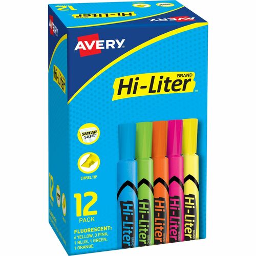 Avery Highlighters, Chisel Tip, Washable, 12/BX, AST