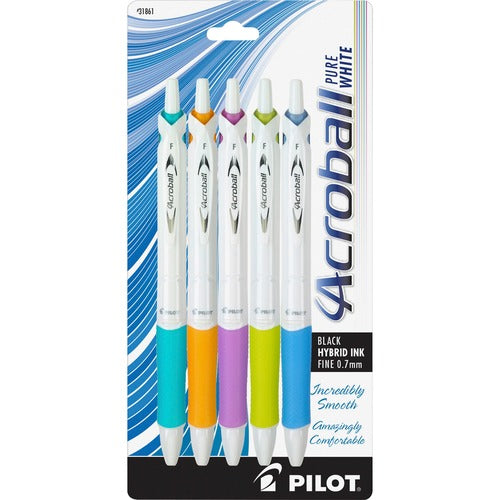 Pilot Acroball Pens, Retract, .7mm, 5/PK, WE/-AST Barrel/BK Ink
