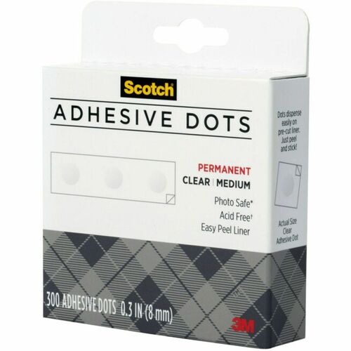 3M Adhesive Dots, Medium Craft, .3"D, 300/BX, Clear