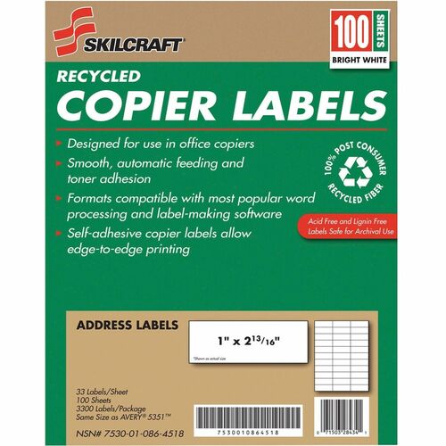 SKILCRAFT Copier Address Labels, Recycled, 1"x2-13/16", 100/BX, WE