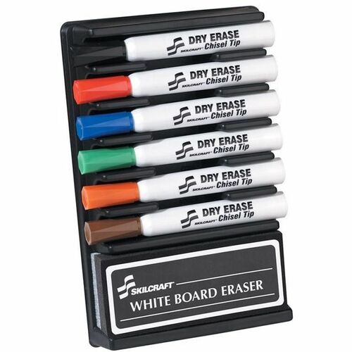 SKILCRAFT Dry Erase Kit,w/Eraser, Chisel Tip Markers, 6/ST, AST