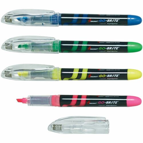 SKILCRAFT Highlighter, Liquid, Water-based, 4/ST, Fluorescent Assorted