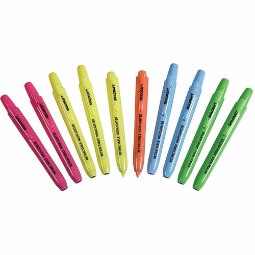 SKILCRAFT Retract. Highlighters, Chisel Tip, 10/ST, Assorted