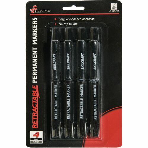 SKILCRAFT Retractable Permanent Marker, Chisel Tip, 4/PK, Black