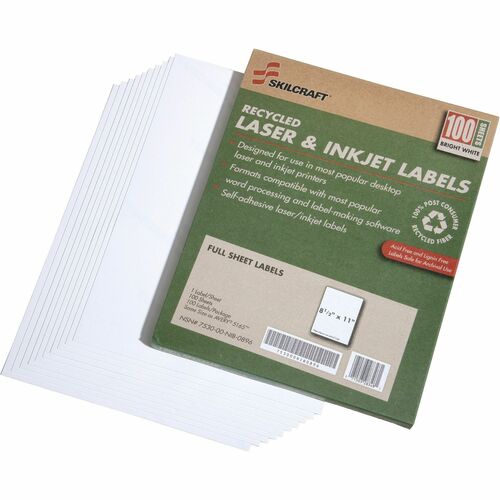 SKILCRAFT Full-Sheet Labels, Laser/Inkjet, 8-1/2"x11", 100 Sht/BX, WE