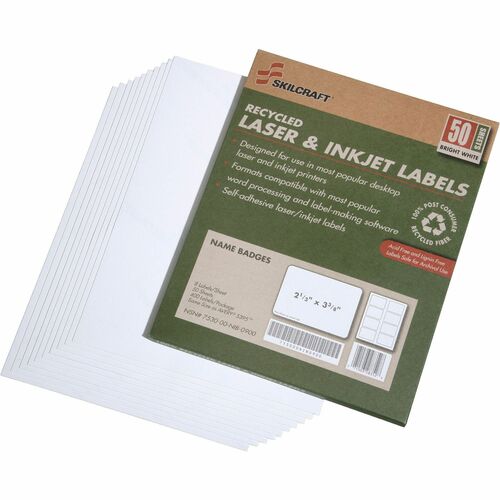 SKILCRAFT Name Badge Labels,2-1/3"x3-3/8",8/Sht, 400/BX,White