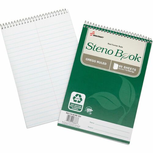 SKILCRAFT Steno Notebook, Gregg-Ruled, 60 lb, 6"x9", 6/PK, White