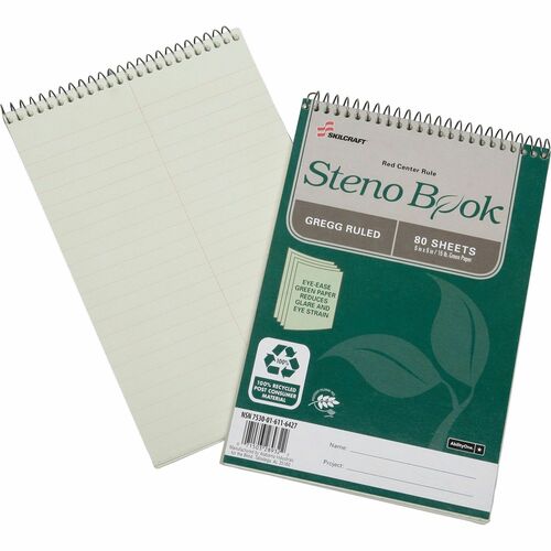 SKILCRAFT Steno Notebook, 16lb, Gregg Rld, 6"x9", 80 Shts, 6/PK, GN