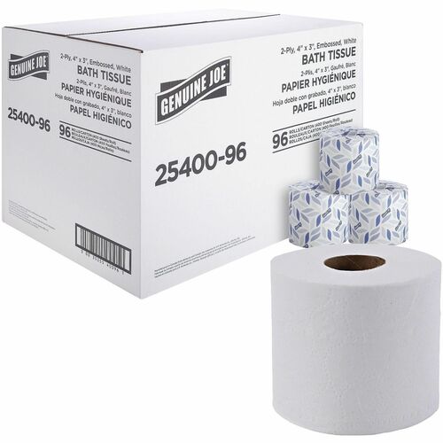 Genuine Joe Bath Tissue, 2-Ply, 400Sht/Roll, 4"x3", 96Roll/CT, WE-GJO2540096
