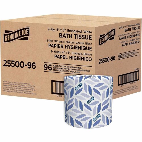 Genuine Joe Bath Tissue, 2-Ply, 500Sht/Roll, 4"x3-1/2", 96Roll/CT, WE-GJO2550096