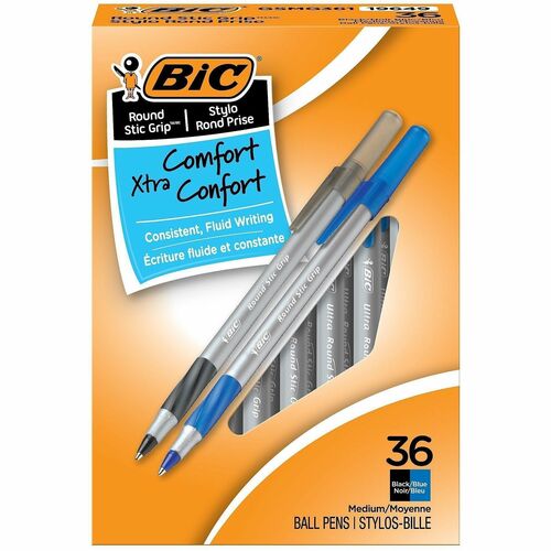 Bic Round Stic Pen,Comfort Grip,Nonrefill,Med Pt, 36/BX, AST Ink