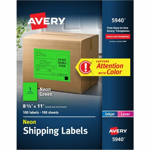 Avery Shipping Labels,Laser,Hi Vis,8-1/2"x11",100/BX,Neon GN
