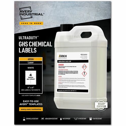 Avery Labels, GHS Chemical, Laser, 4"x4", 200/BX, White