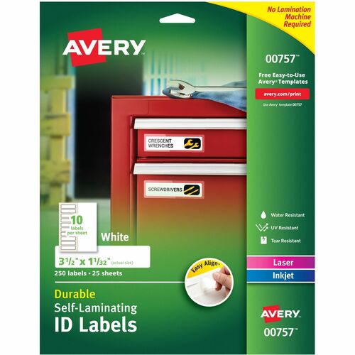 Avery ID Labels, Self-Lam, 10UP, 1-1/32"x3-1/2", 250/PK, White