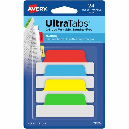 Avery Ultra Margin Tabs, 2-1/2"x1", 24/PK, Primary AST