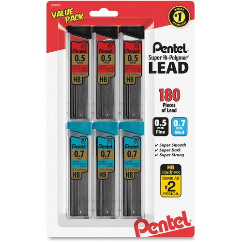 Pentel Lead Refills, .5mm/.7mm, 6TB/PK, Black