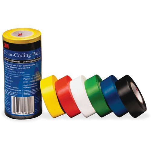 3M Color-Coding Pack, Vinyl Tape, .94"x21.87Yds, 6/PK, MI
